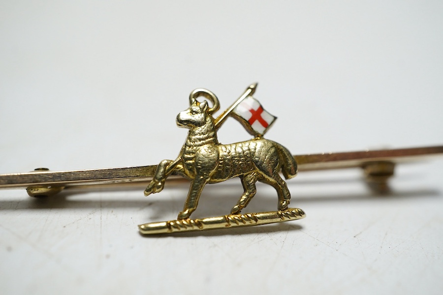 A 14ct gold and enamel Welsh Guards sweethearts brooch, 3.2 grams, a 9ct gold fox head bar brooch with cabochon eyes, 3.1 grams, and two ear studs. Condition - fair